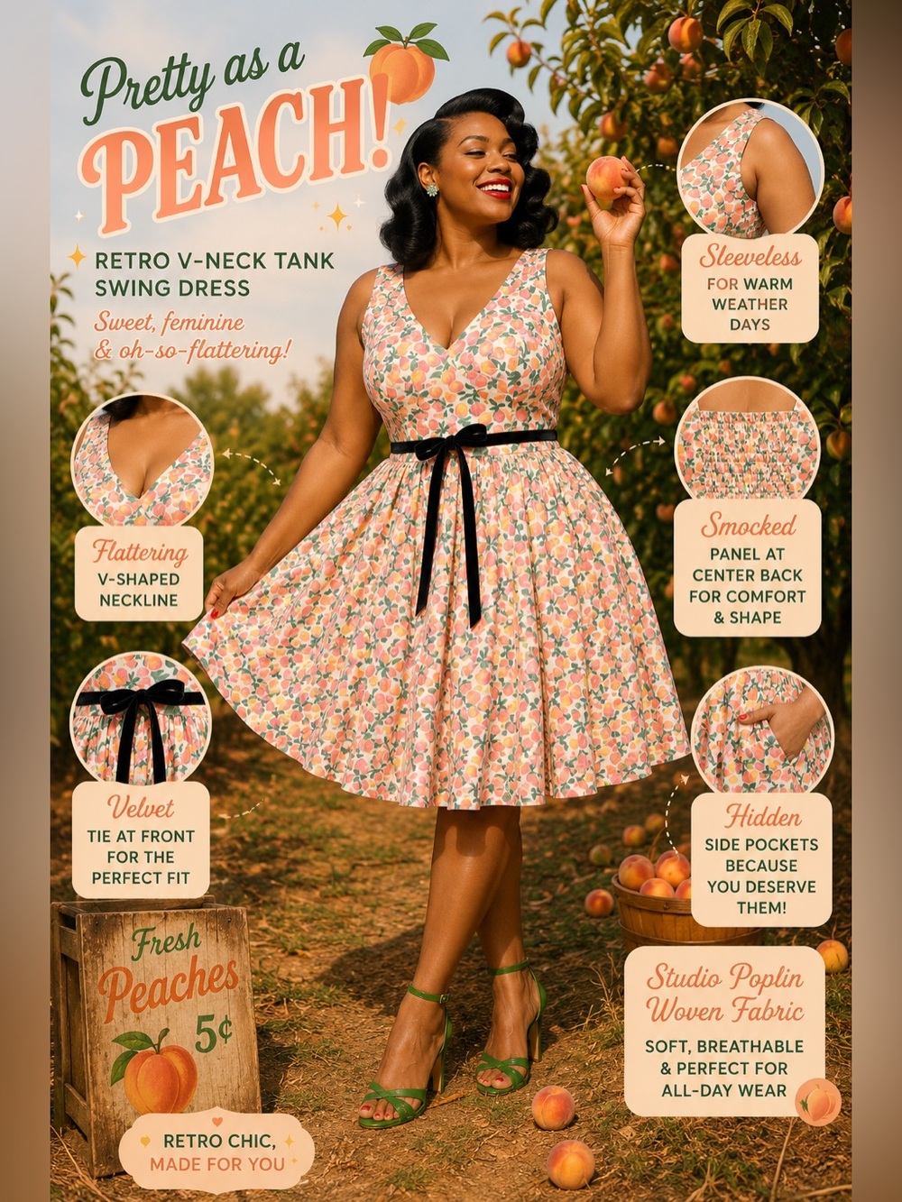 Torrid Retro Chic Pink & Orange Peaches Print Belted Swing Dress, Large, NWT! - Picture 4 of 16